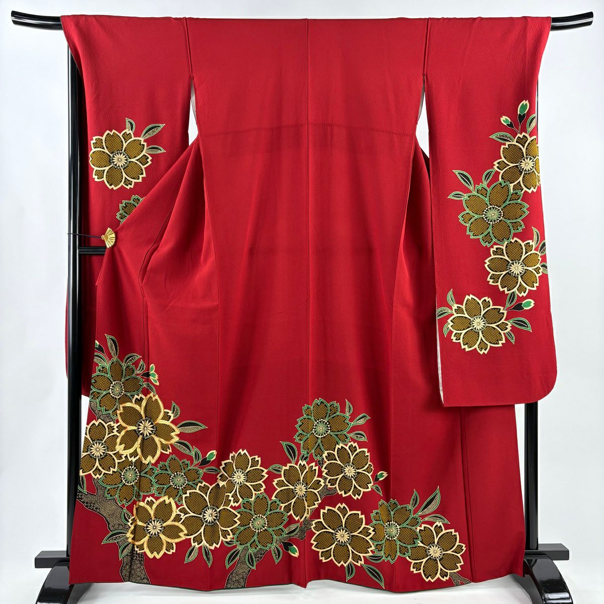 【美品】振袖禮服 身長164.5cm 袖長69cm L 雙層 櫻花 金絲 金銀彩 紅 純蠶絲 秀品級