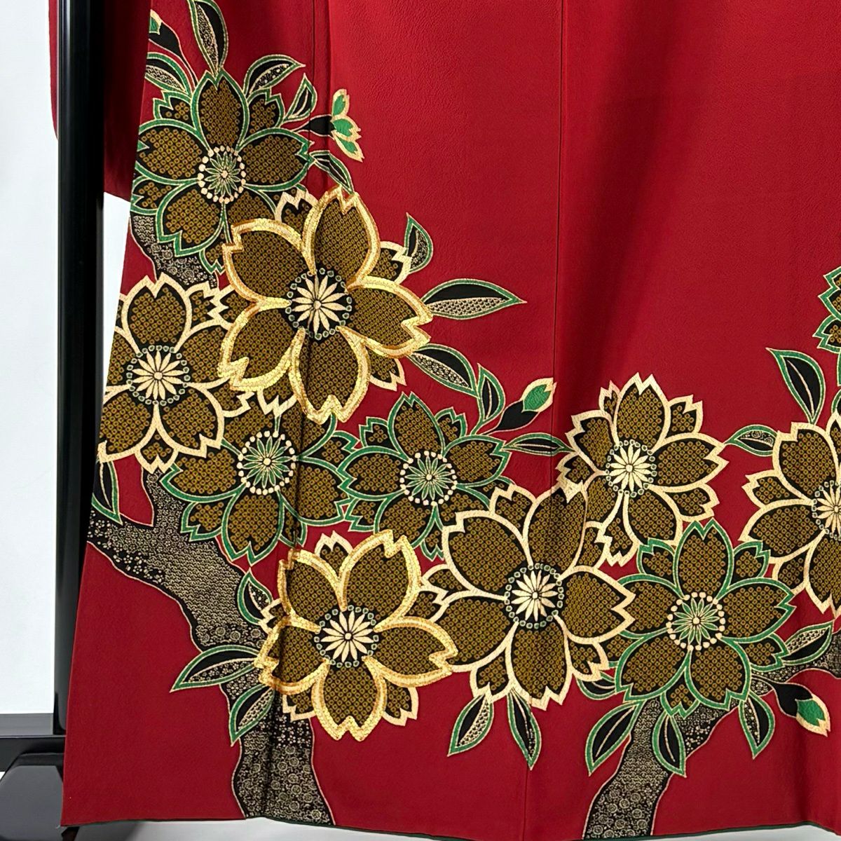 【美品】振袖禮服 身長164.5cm 袖長69cm L 雙層 櫻花 金絲 金銀彩 紅 純蠶絲 秀品級