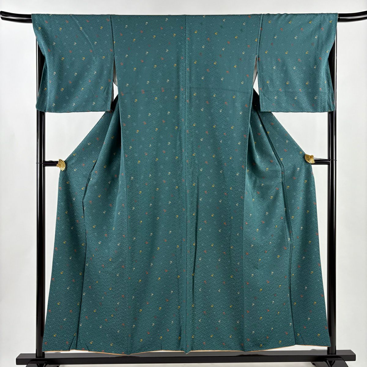 小紋 身長154.5cm 袖長67cm M 雙層 草花紋紋 地紋 金金箔 綠 純蠶絲 秀品級