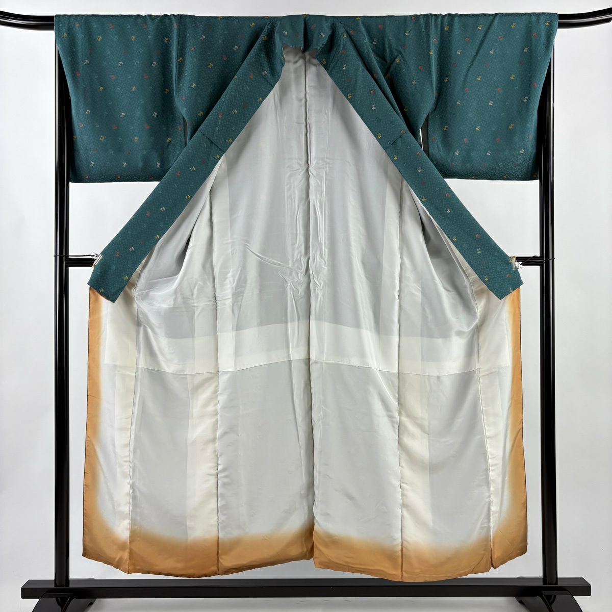 小紋 身長154.5cm 袖長67cm M 雙層 草花紋紋 地紋 金金箔 綠 純蠶絲 秀品級