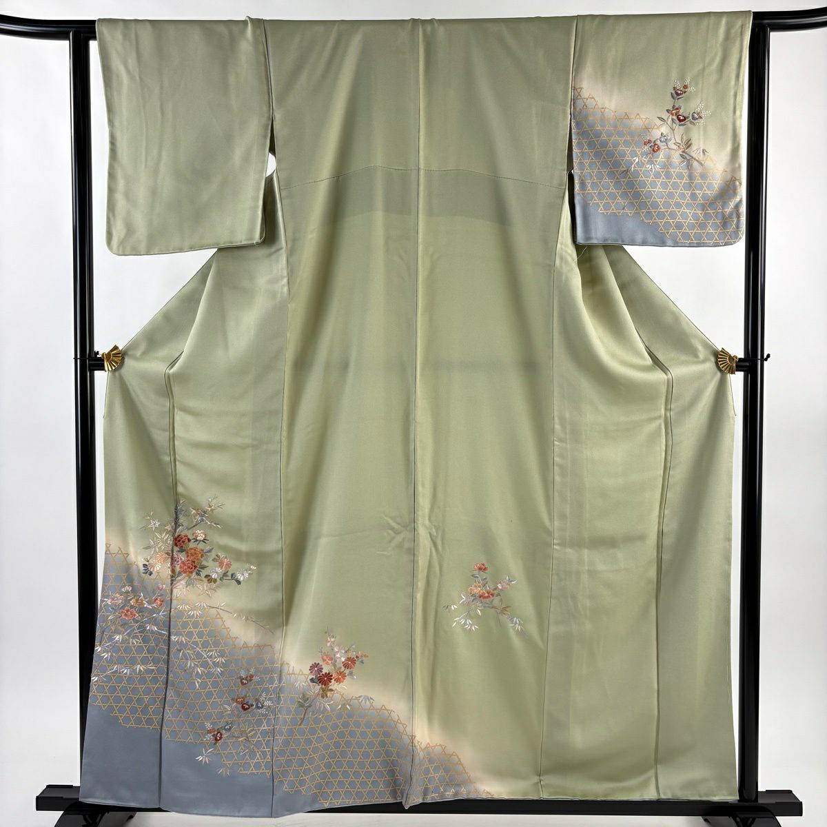 付下 身長159cm 袖長65cm M 雙層 枝花 籠目 刺繡 金彩裝飾 灰綠 純蠶絲 秀品級