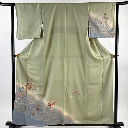 付下 身長159cm 袖長65cm M 雙層 枝花 籠目 刺繡 金彩裝飾 灰綠 純蠶絲 秀品級