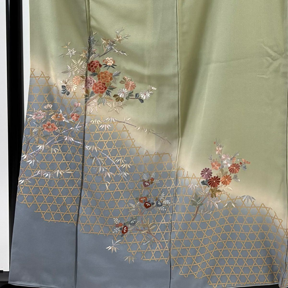 付下 身長159cm 袖長65cm M 雙層 枝花 籠目 刺繡 金彩裝飾 灰綠 純蠶絲 秀品級