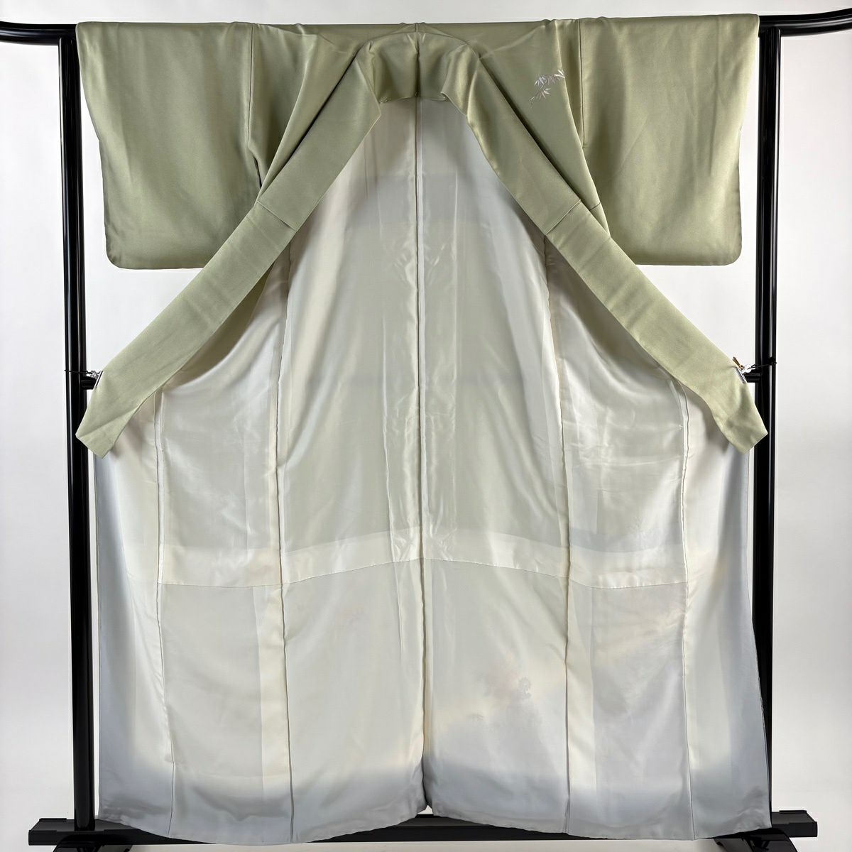 付下 身長159cm 袖長65cm M 雙層 枝花 籠目 刺繡 金彩裝飾 灰綠 純蠶絲 秀品級