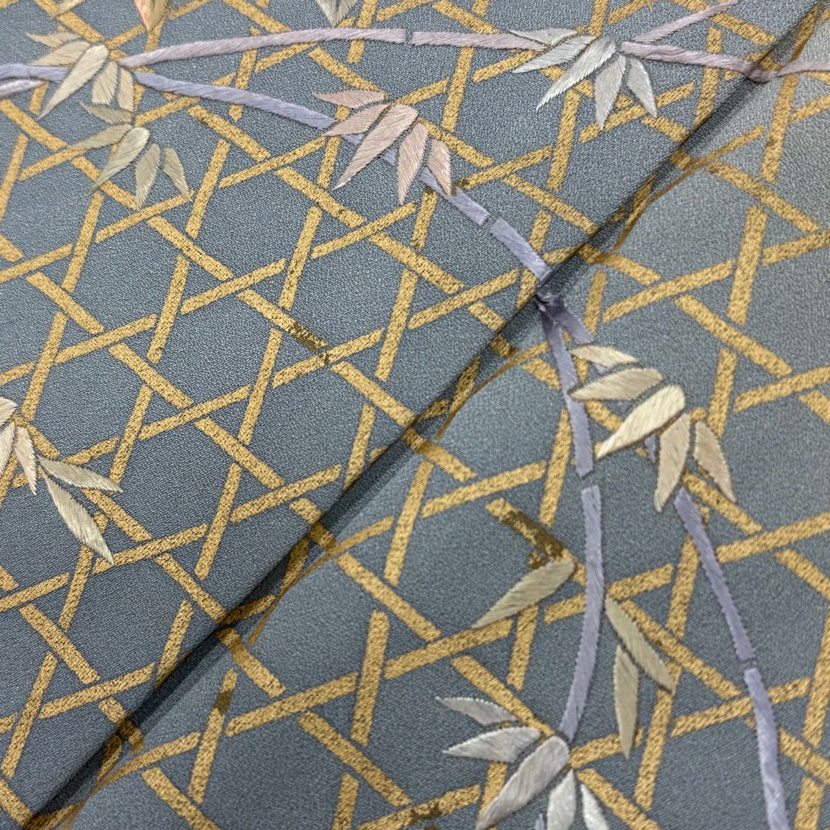 付下 身長159cm 袖長65cm M 雙層 枝花 籠目 刺繡 金彩裝飾 灰綠 純蠶絲 秀品級