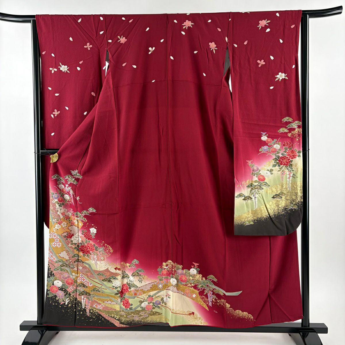 振袖禮服 身長157.5cm 袖長64.5cm M 雙層 扇子 草花紋 金彩裝飾 染分 玫瑰紅 純蠶絲 優品級