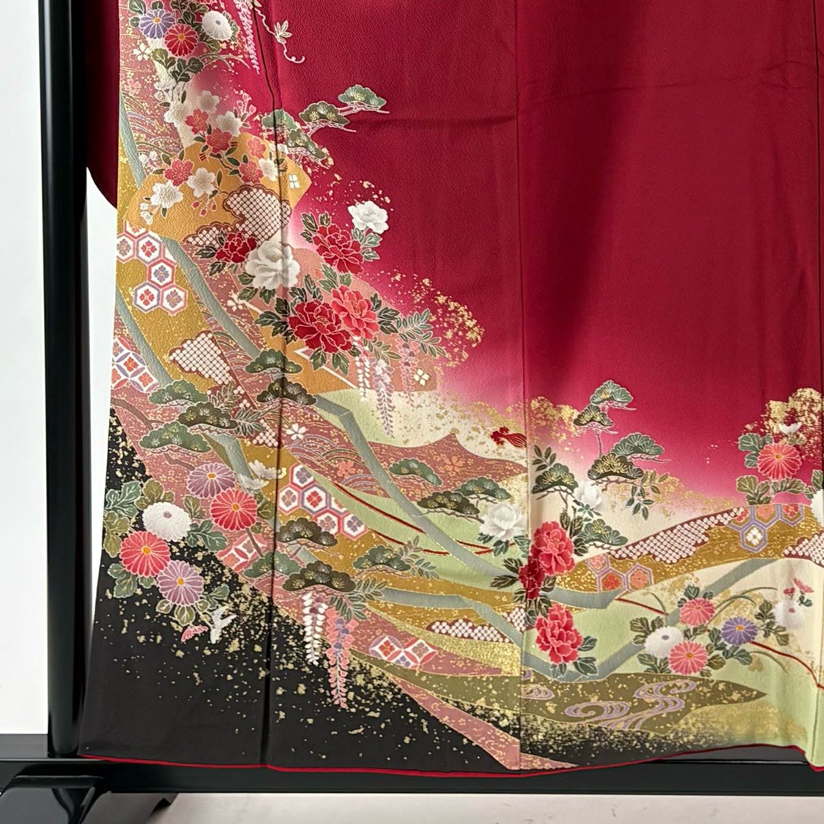 振袖禮服 身長157.5cm 袖長64.5cm M 雙層 扇子 草花紋 金彩裝飾 染分 玫瑰紅 純蠶絲 優品級
