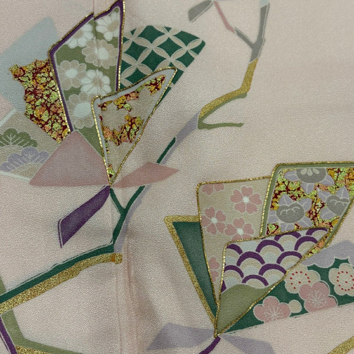 訪問服 身長154cm 袖長65.5cm M 雙層 枝花 霞 金絲 金銀彩 粉紅 純蠶絲 優品級