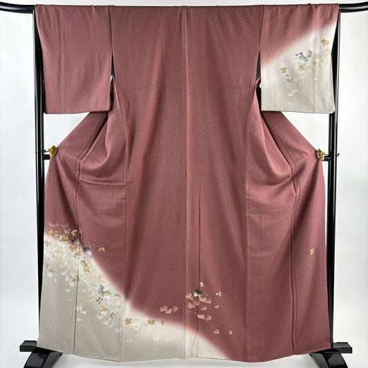 付下 身長162.5cm 袖長67cm M 雙層 大和 落款有 葉與實 金銀彩 漸層 小豆 深紅 純蠶絲 優品級