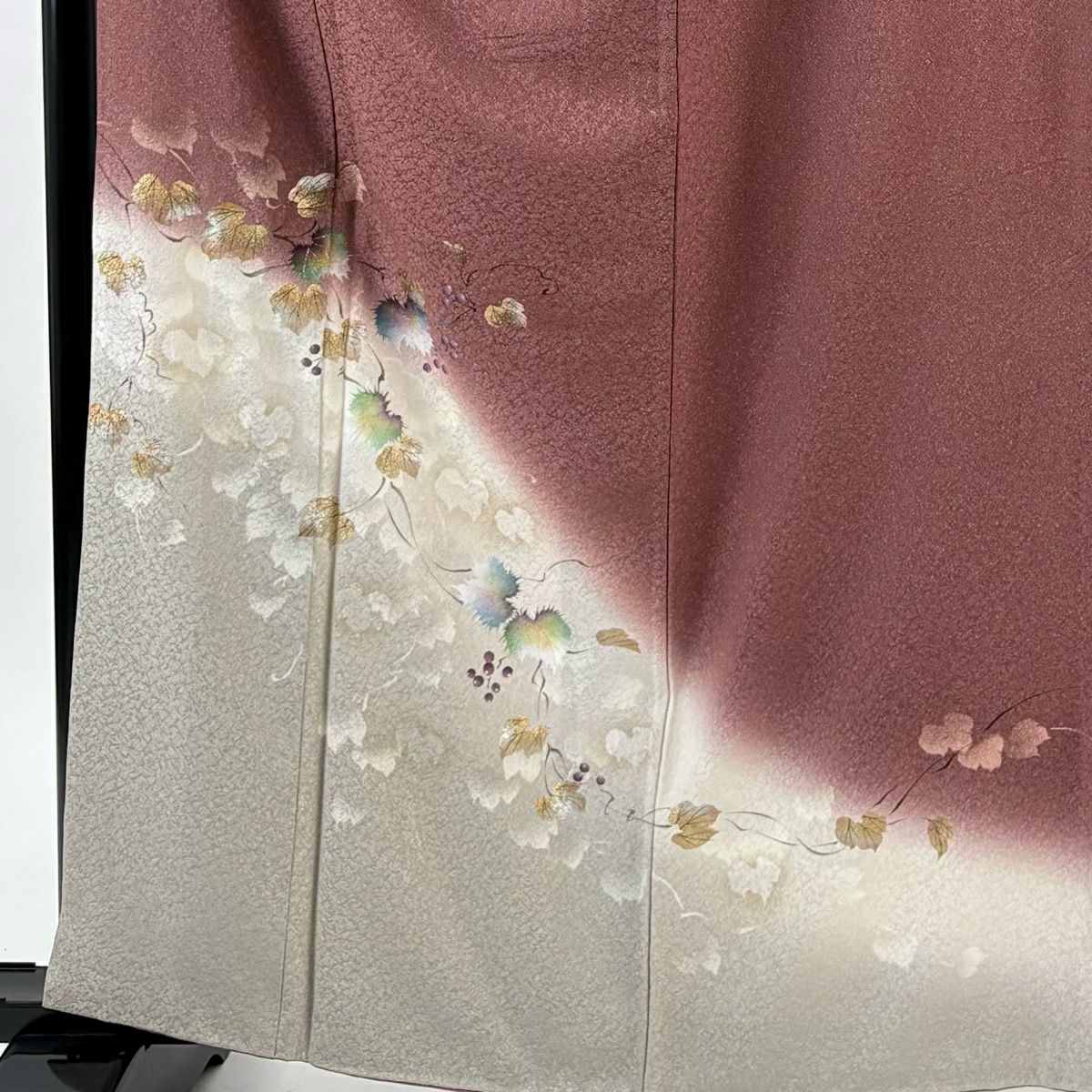 付下 身長162.5cm 袖長67cm M 雙層 大和 落款有 葉與實 金銀彩 漸層 小豆 深紅 純蠶絲 優品級