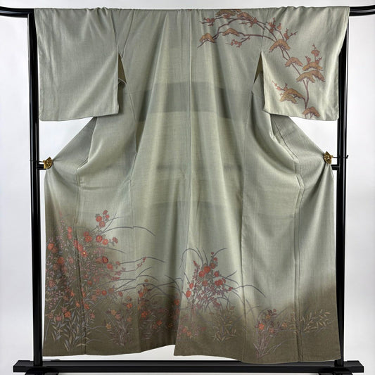 訪問服 身長156cm 袖長67cm M 雙層 紬織織 草花紋紋 菊花 漸層 灰綠 純蠶絲 秀品級 一個紋