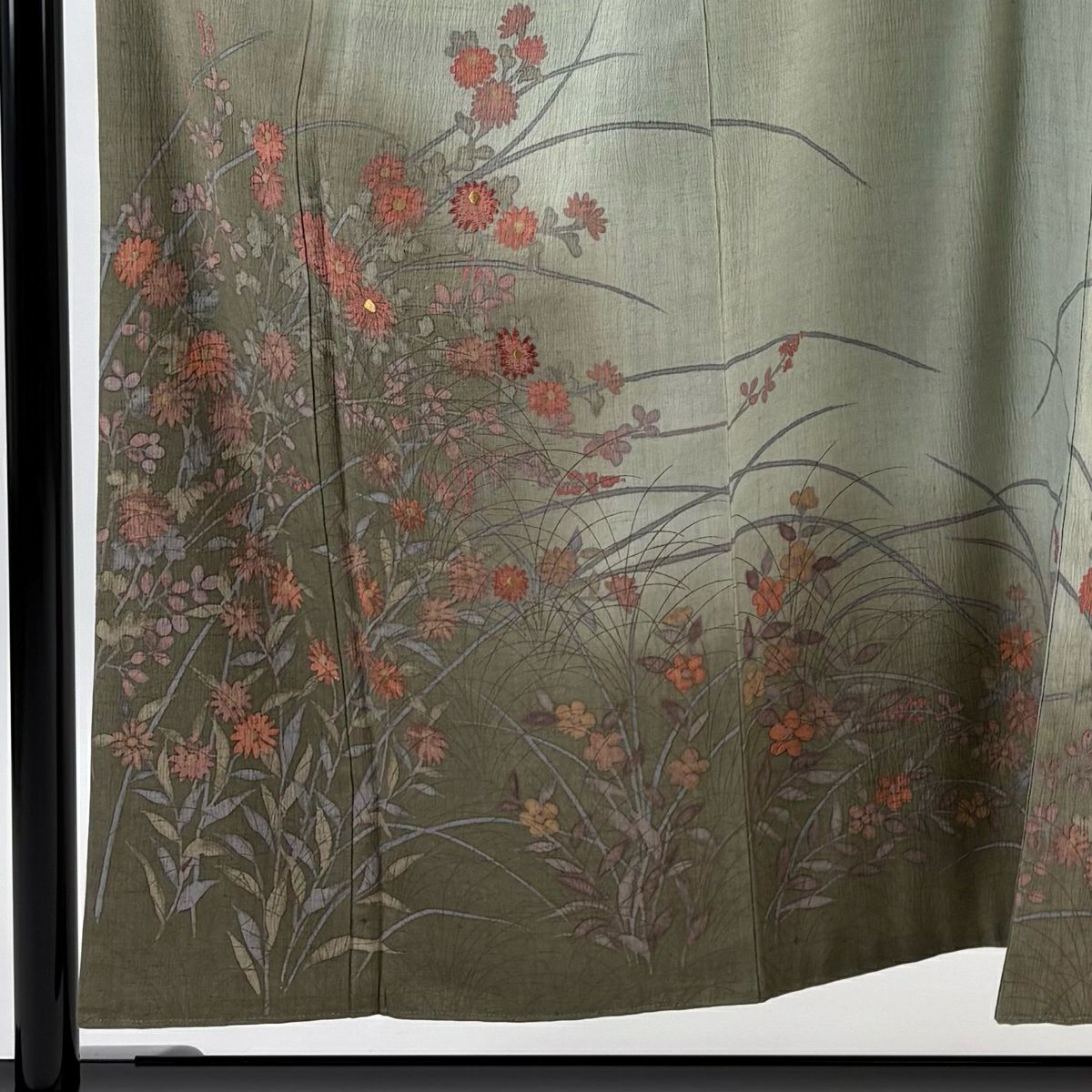 訪問服 身長156cm 袖長67cm M 雙層 紬織織 草花紋紋 菊花 漸層 灰綠 純蠶絲 秀品級 一個紋