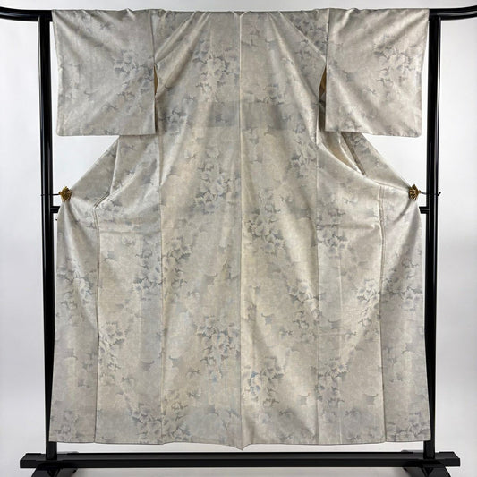 紬織 身長155.5cm 袖長63.5cm S 雙層 葉柄 灰白 純蠶絲 秀品級