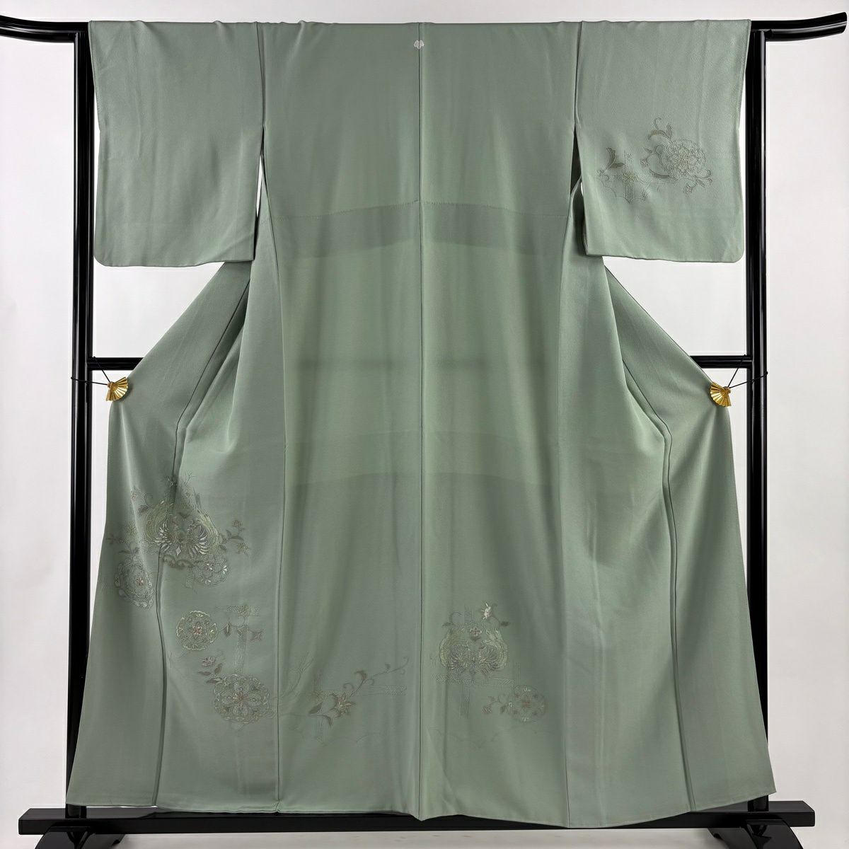 付下 身長157.5cm 袖長64cm M 雙層 向鳥 華紋 刺繡 灰綠 純蠶絲 秀品級 一個紋