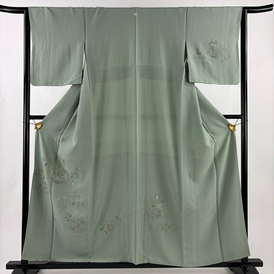 付下 身長157.5cm 袖長64cm M 雙層 向鳥 華紋 刺繡 灰綠 純蠶絲 秀品級 一個紋