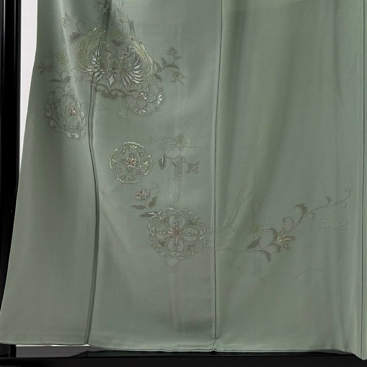 付下 身長157.5cm 袖長64cm M 雙層 向鳥 華紋 刺繡 灰綠 純蠶絲 秀品級 一個紋