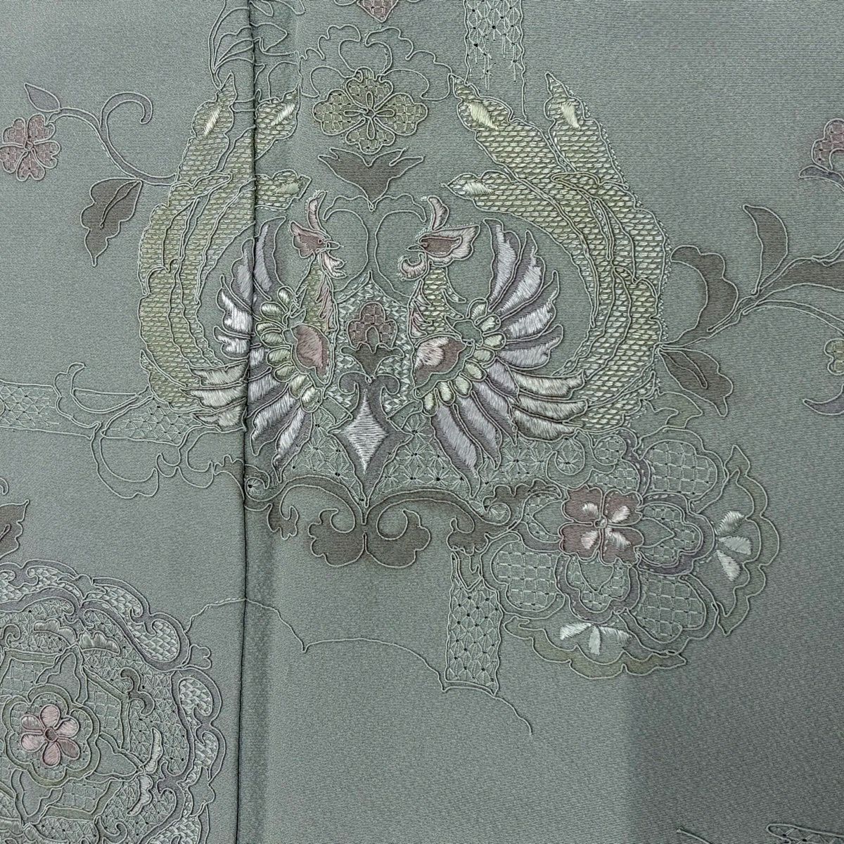 付下 身長157.5cm 袖長64cm M 雙層 向鳥 華紋 刺繡 灰綠 純蠶絲 秀品級 一個紋