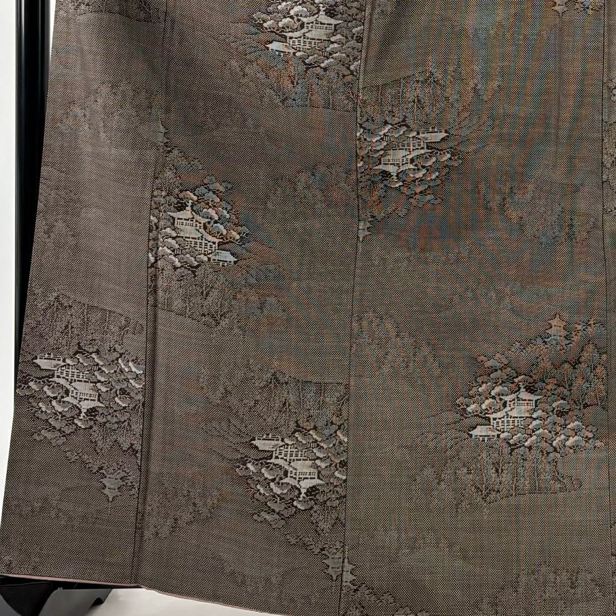 【美品】 大島紬織 身長165.5cm 袖長64cm M 雙層 純泥染 證書附帶 建築 樹木 焦茶 純蠶絲 優品級