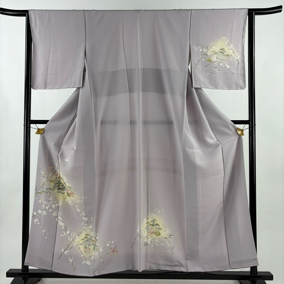 【美品】 付下 身長156cm 袖長64cm M 雙層 松樹竹子梅花 家屋 薄紫 純蠶絲 秀品級