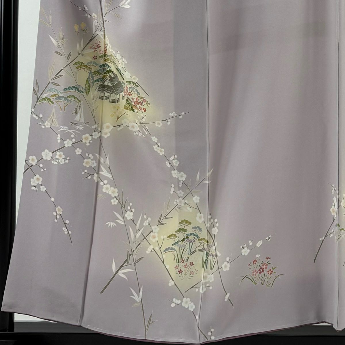 【美品】 付下 身長156cm 袖長64cm M 雙層 松樹竹子梅花 家屋 薄紫 純蠶絲 秀品級