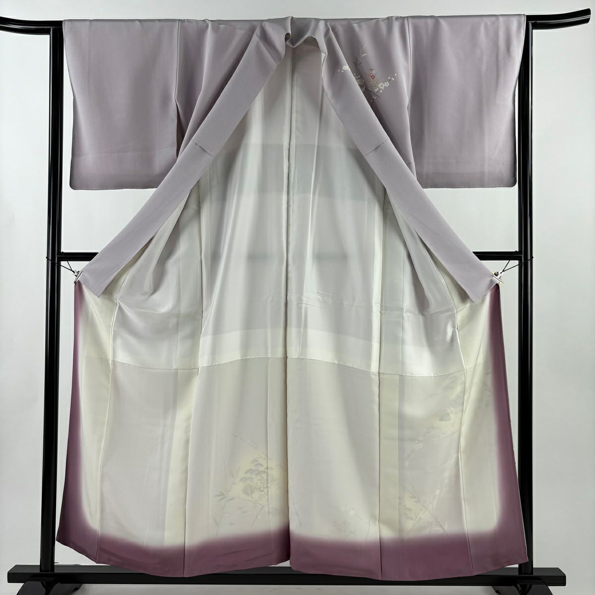 【美品】 付下 身長156cm 袖長64cm M 雙層 松樹竹子梅花 家屋 薄紫 純蠶絲 秀品級