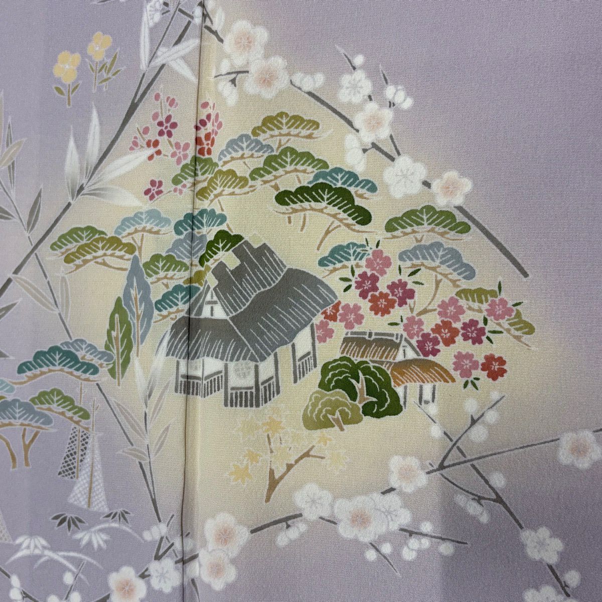 【美品】 付下 身長156cm 袖長64cm M 雙層 松樹竹子梅花 家屋 薄紫 純蠶絲 秀品級