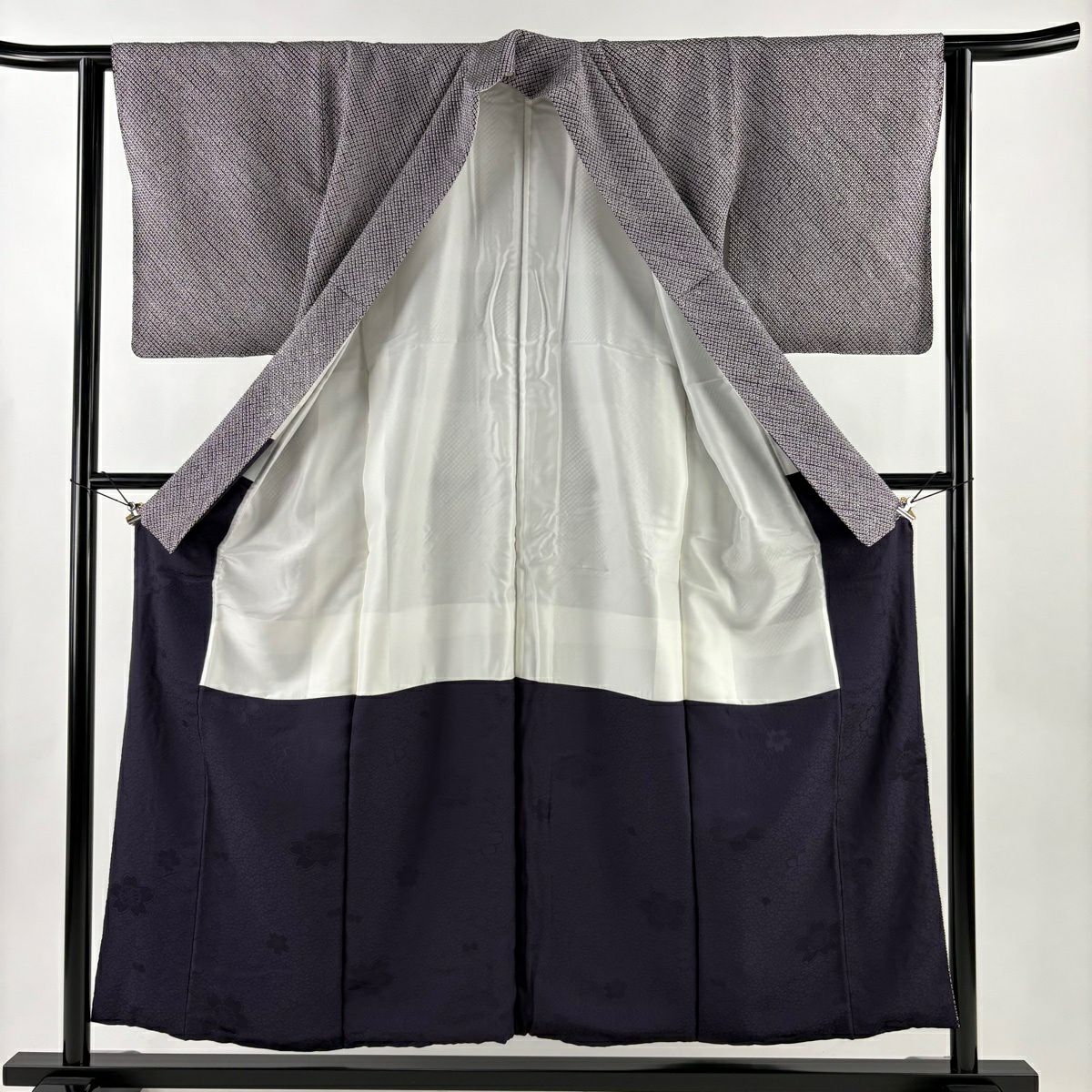 【美品】 小紋 身長155cm 袖長62cm S 雙層 幾何學圖案 深紫 純蠶絲 優品級