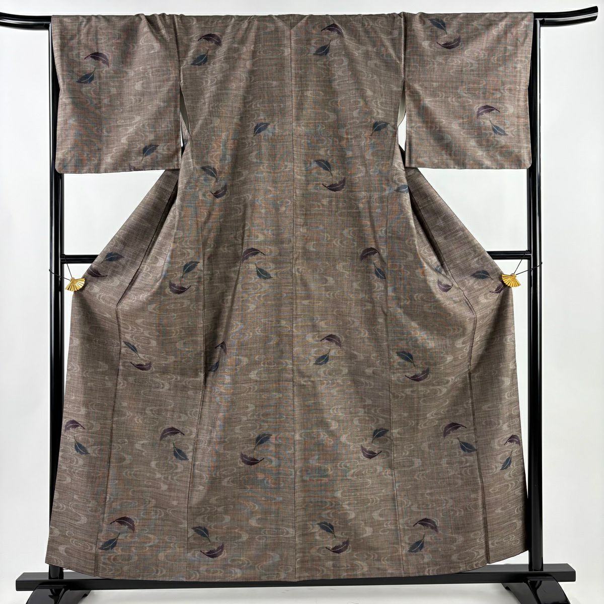 【美品】 紬織 身長158.5cm 袖長67cm M 雙層 葉 流水 焦茶 純蠶絲 秀品級