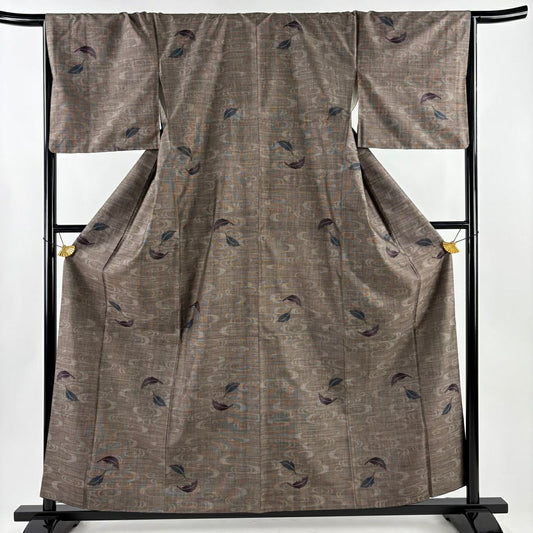 【美品】 紬織 身長158.5cm 袖長67cm M 雙層 葉 流水 焦茶 純蠶絲 秀品級