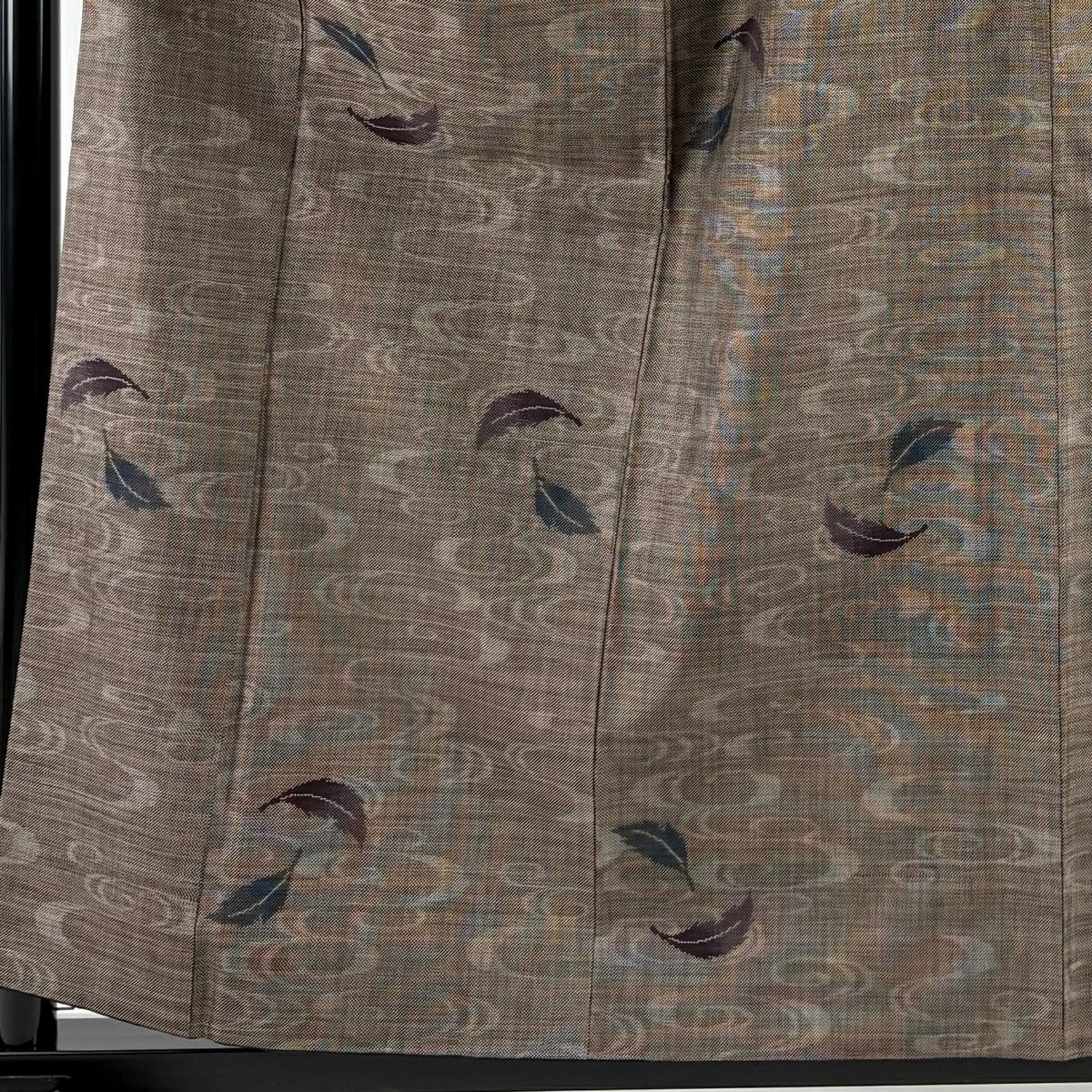 【美品】 紬織 身長158.5cm 袖長67cm M 雙層 葉 流水 焦茶 純蠶絲 秀品級