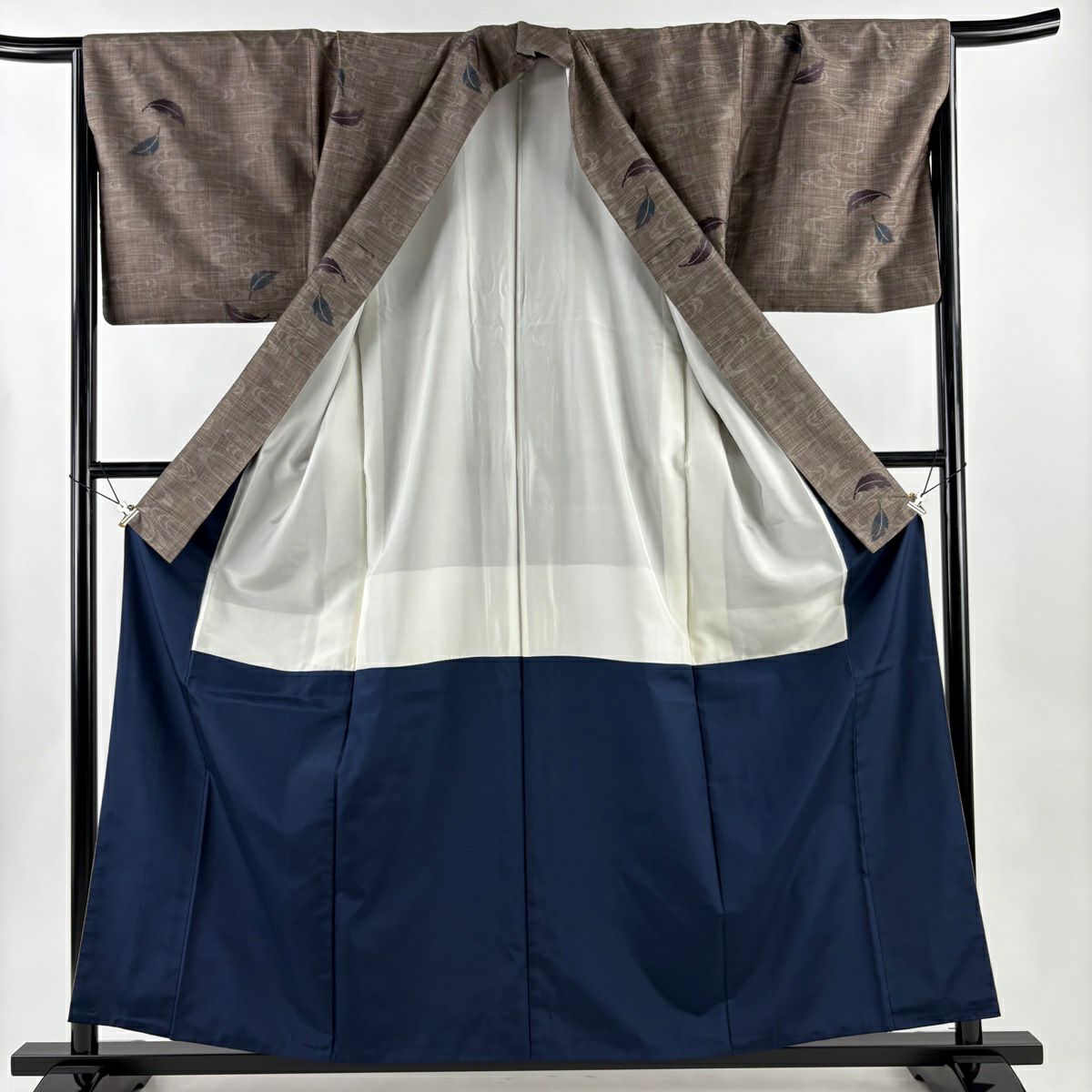 【美品】 紬織 身長158.5cm 袖長67cm M 雙層 葉 流水 焦茶 純蠶絲 秀品級
