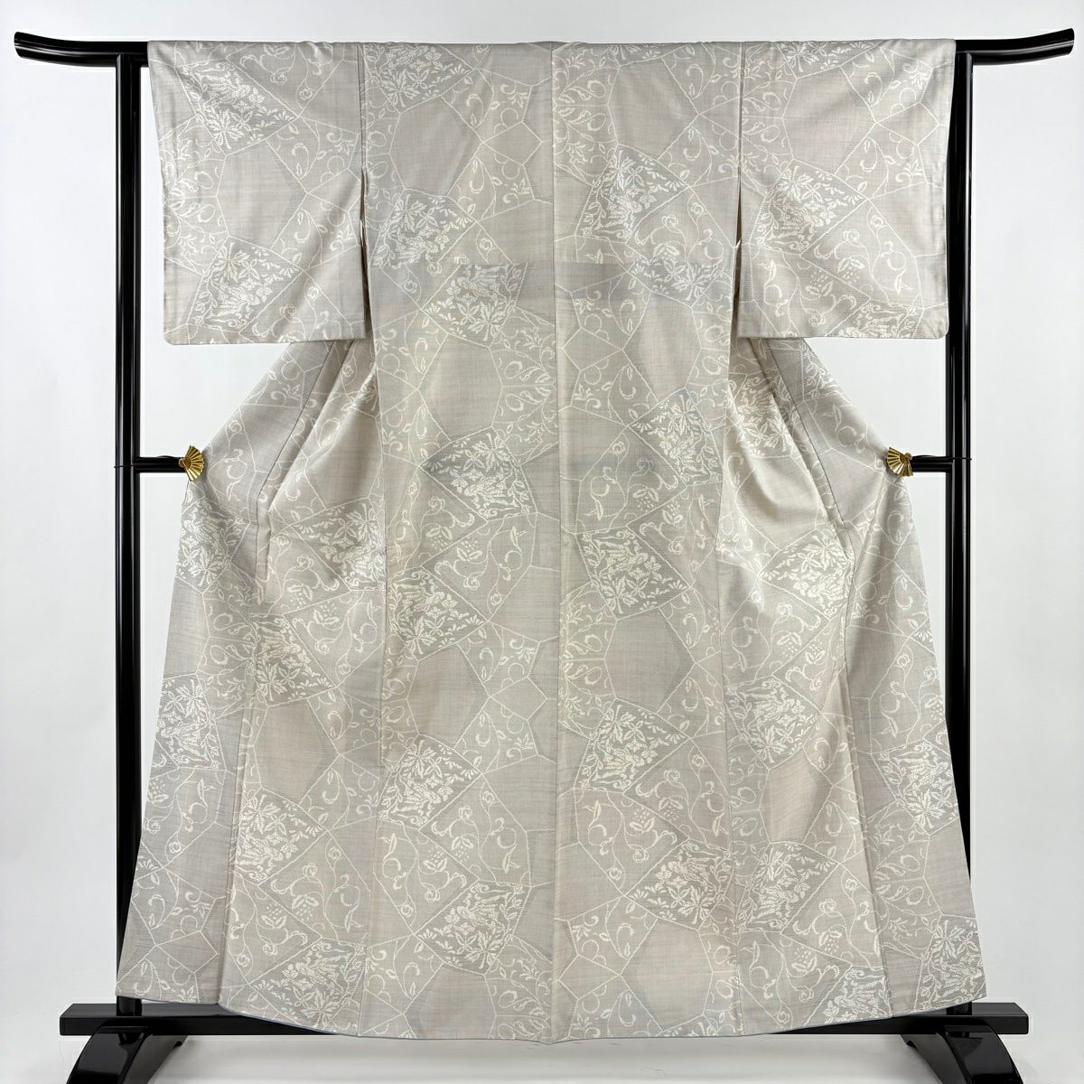 【美品】 紬織 身長161cm 袖長63cm S 雙層 花唐草紋 鳥 灰 純蠶絲 秀品級