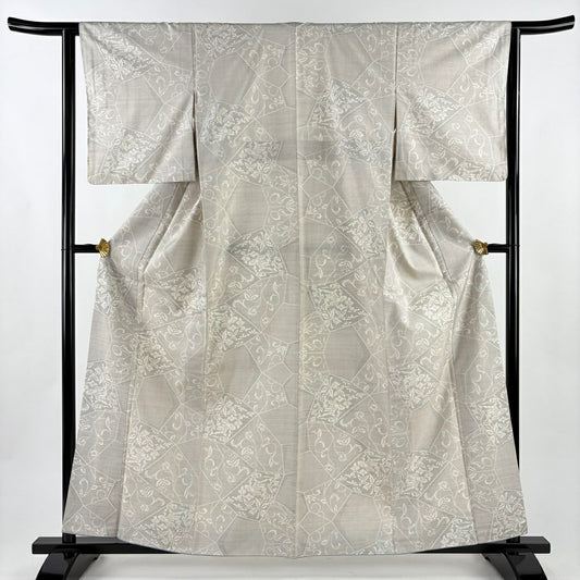 【美品】 紬織 身長161cm 袖長63cm S 雙層 花唐草紋 鳥 灰 純蠶絲 秀品級