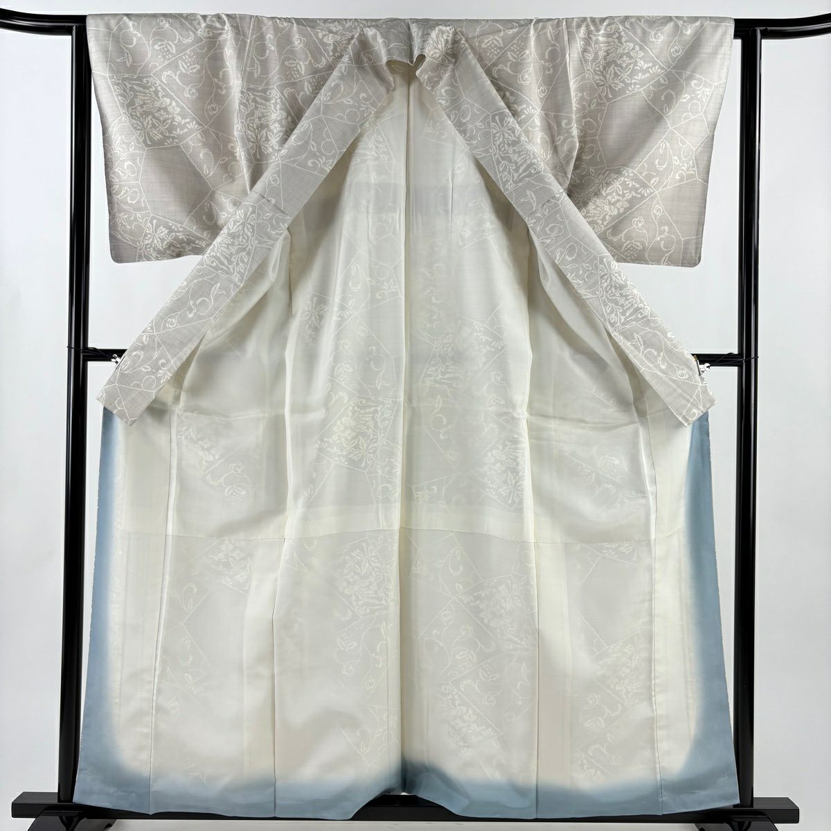 【美品】 紬織 身長161cm 袖長63cm S 雙層 花唐草紋 鳥 灰 純蠶絲 秀品級