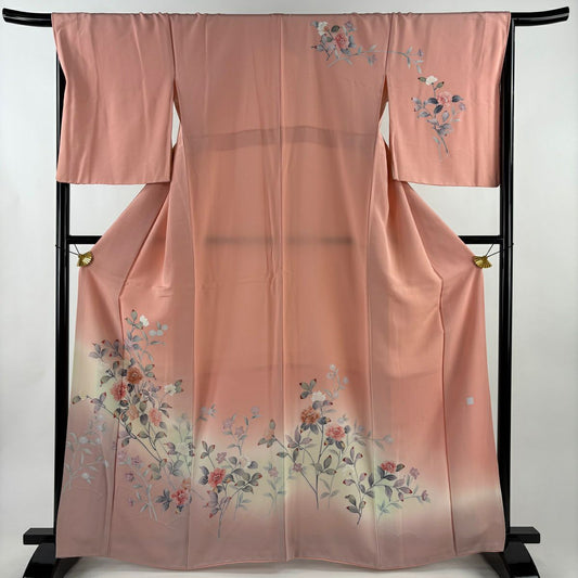 【美品】訪問服 身長164.5cm 袖長68cm L 雙層 落款あり 枝花 草花紋紋 染分 ぼかし 粉紅 純蠶絲 秀品級