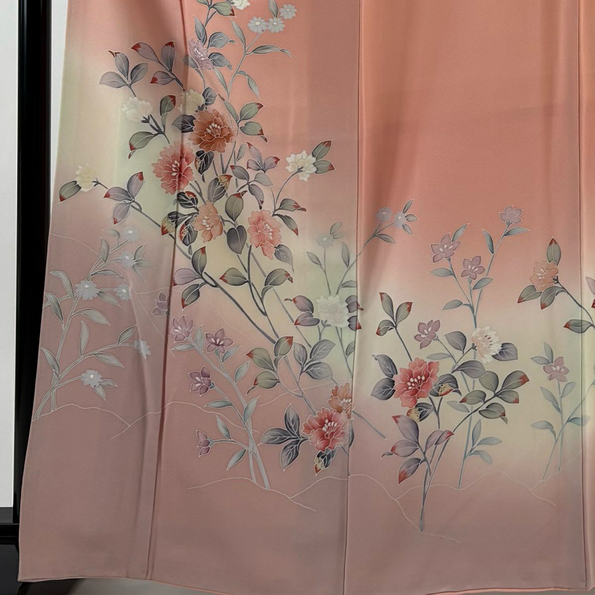 【美品】訪問服 身長164.5cm 袖長68cm L 雙層 落款あり 枝花 草花紋紋 染分 ぼかし 粉紅 純蠶絲 秀品級