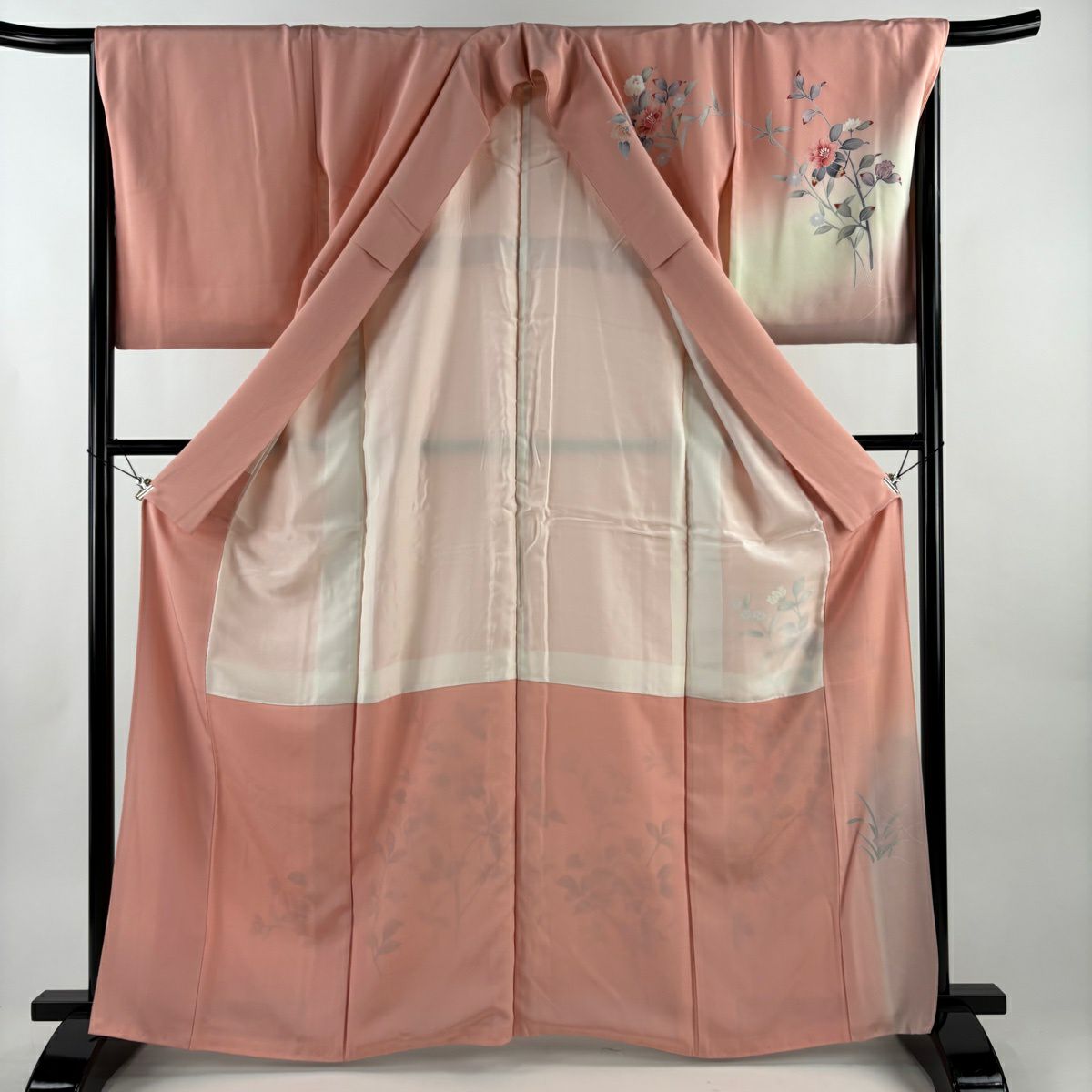 【美品】訪問服 身長164.5cm 袖長68cm L 雙層 落款あり 枝花 草花紋紋 染分 ぼかし 粉紅 純蠶絲 秀品級