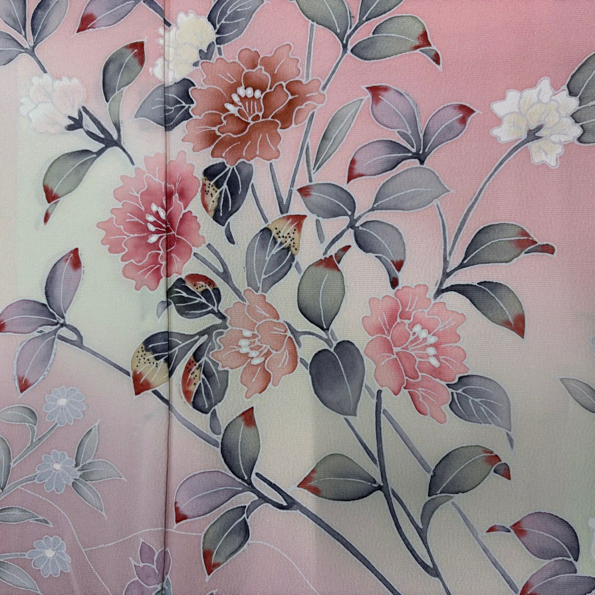 【美品】訪問服 身長164.5cm 袖長68cm L 雙層 落款あり 枝花 草花紋紋 染分 ぼかし 粉紅 純蠶絲 秀品級