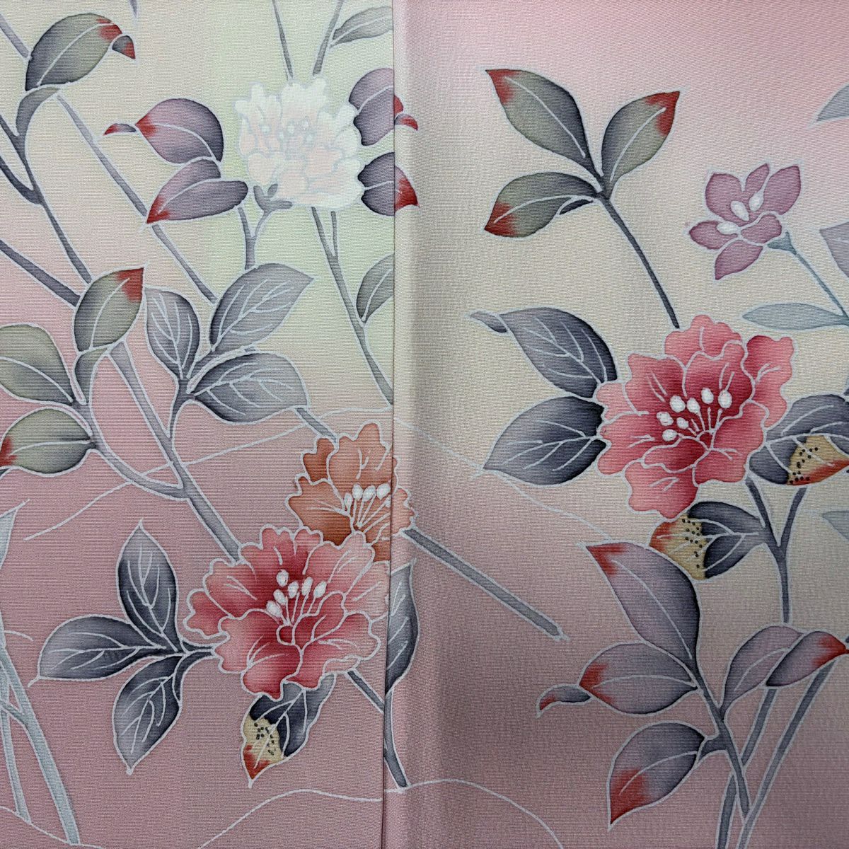 【美品】訪問服 身長164.5cm 袖長68cm L 雙層 落款あり 枝花 草花紋紋 染分 ぼかし 粉紅 純蠶絲 秀品級