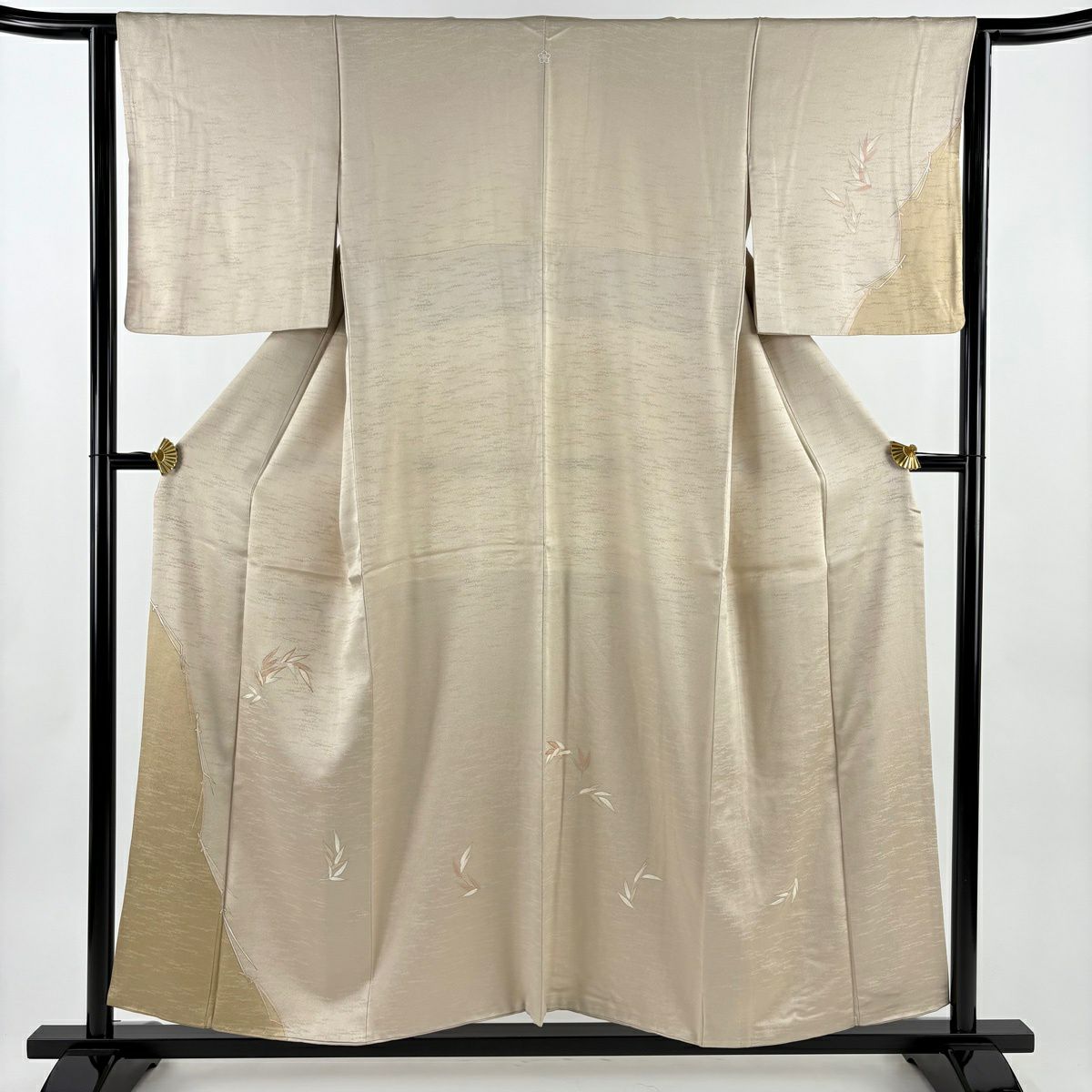 付下 身長154.5cm 袖長63.5cm S 雙層 松樹葉 笹 金絲 金銀彩 淺茶 純蠶絲 優品級 一個紋