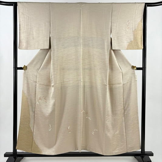付下 身長154.5cm 袖長63.5cm S 雙層 松樹葉 笹 金絲 金銀彩 淺茶 純蠶絲 優品級 一個紋