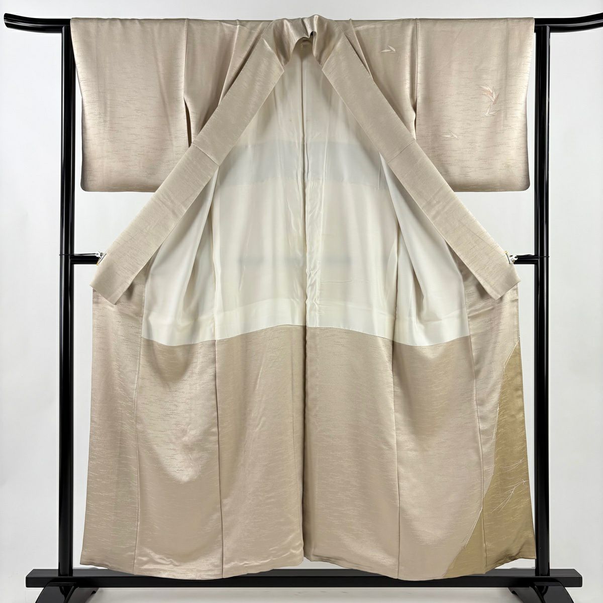 付下 身長154.5cm 袖長63.5cm S 雙層 松樹葉 笹 金絲 金銀彩 淺茶 純蠶絲 優品級 一個紋