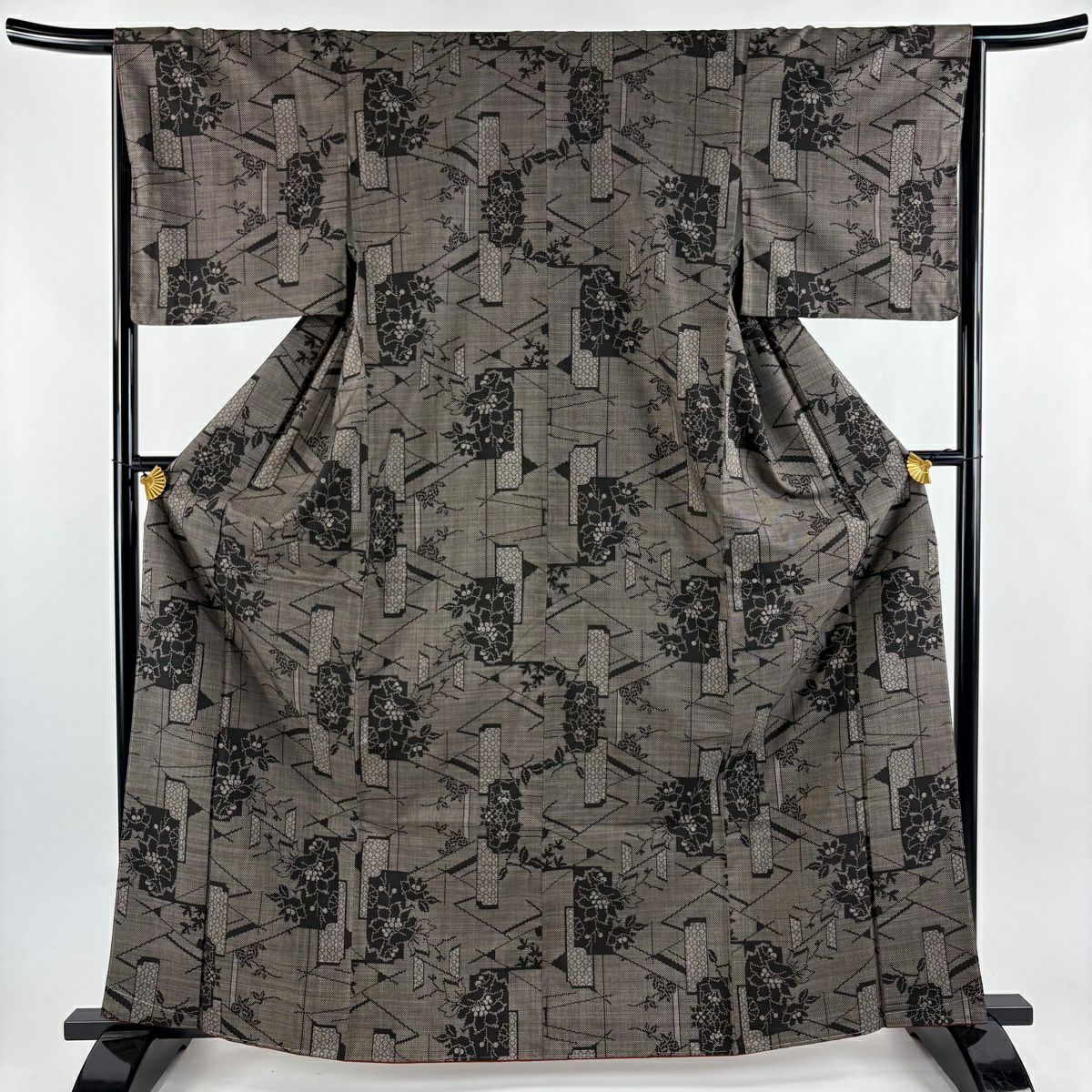 【美品】 紬織 身長165cm 袖長66cm M 雙層 短冊 草花紋紋 焦茶 純蠶絲 秀品級
