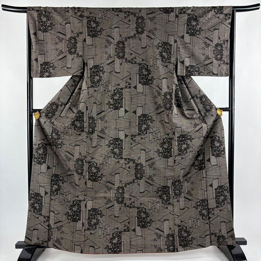【美品】 紬織 身長165cm 袖長66cm M 雙層 短冊 草花紋紋 焦茶 純蠶絲 秀品級