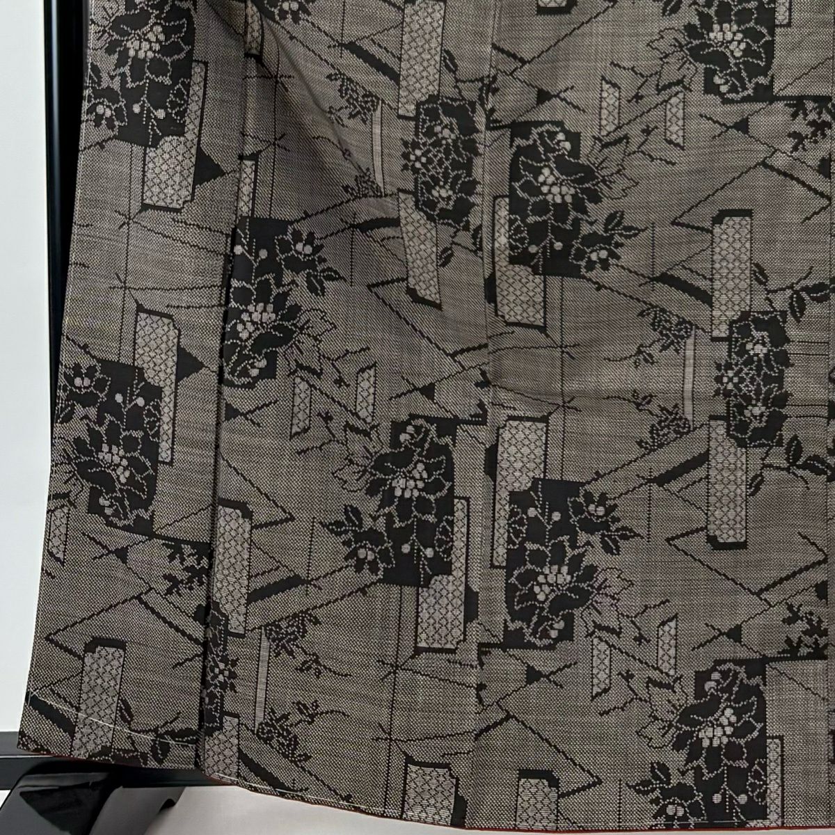 【美品】 紬織 身長165cm 袖長66cm M 雙層 短冊 草花紋紋 焦茶 純蠶絲 秀品級