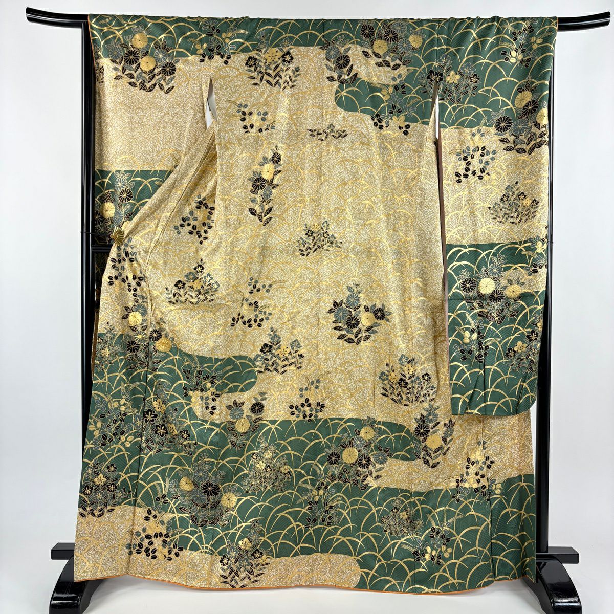 振袖禮服 身長165cm 袖長67cm M 雙層 秋草 霞 金絲 金銀彩 黃土 純蠶絲 秀品級