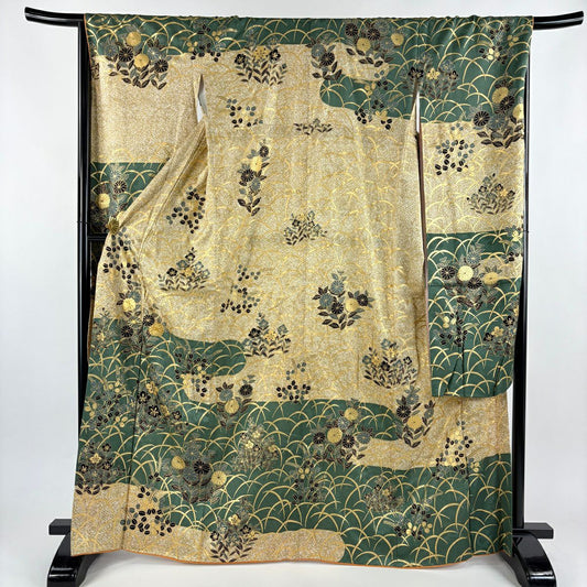 振袖禮服 身長165cm 袖長67cm M 雙層 秋草 霞 金絲 金銀彩 黃土 純蠶絲 秀品級