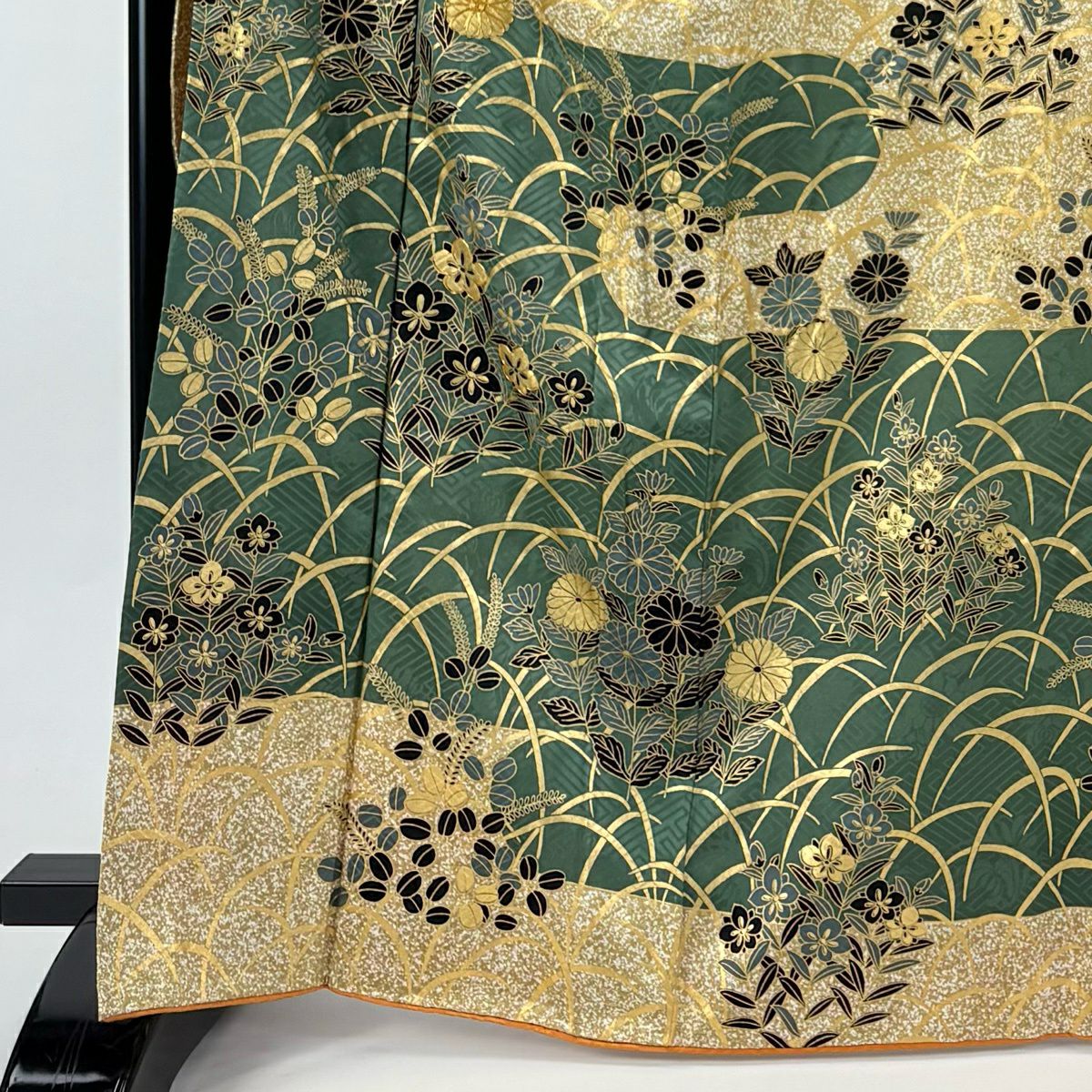 振袖禮服 身長165cm 袖長67cm M 雙層 秋草 霞 金絲 金銀彩 黃土 純蠶絲 秀品級