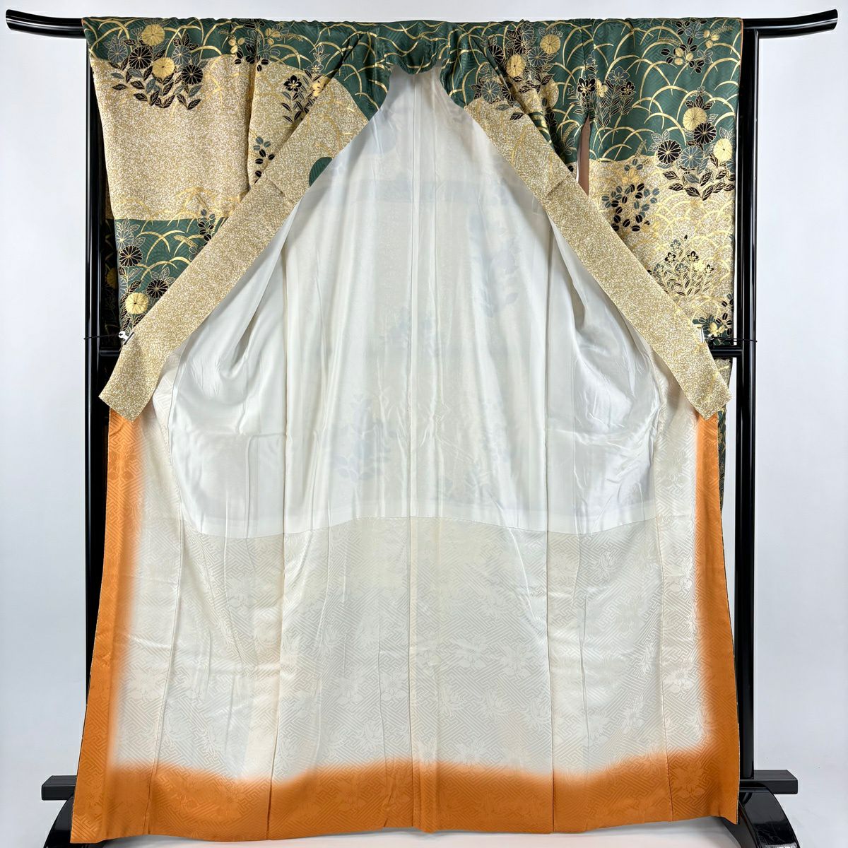 振袖禮服 身長165cm 袖長67cm M 雙層 秋草 霞 金絲 金銀彩 黃土 純蠶絲 秀品級