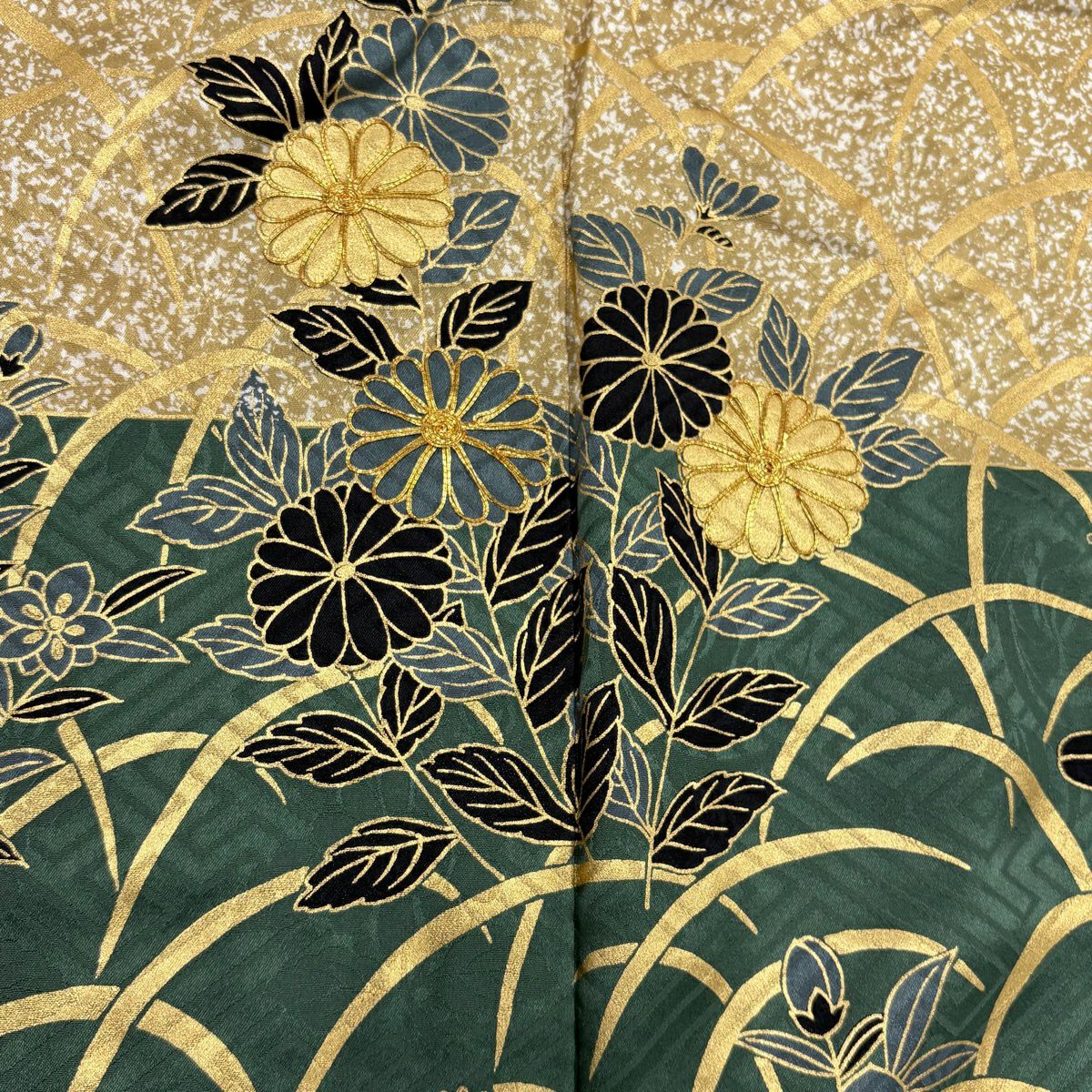 振袖禮服 身長165cm 袖長67cm M 雙層 秋草 霞 金絲 金銀彩 黃土 純蠶絲 秀品級